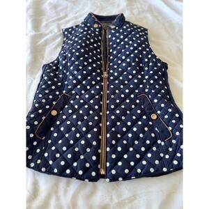 C’est Toi‎ Polka Dot Quilted Puffer Vest, Navy w/Brown Trim